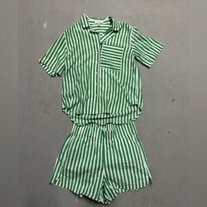 AYR Women’s S Green White Striped 2pc Lounge Set Pajamas Silk Blend